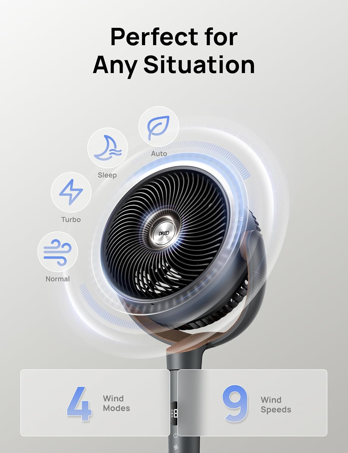 HKM-5328211 120° Oscillating Standing Fan, Quiet DC Motor Floor Fan, 9 Speeds, 4 Modes, Adjustable Height 37-42", 20dB Noise Level, 8H Timer