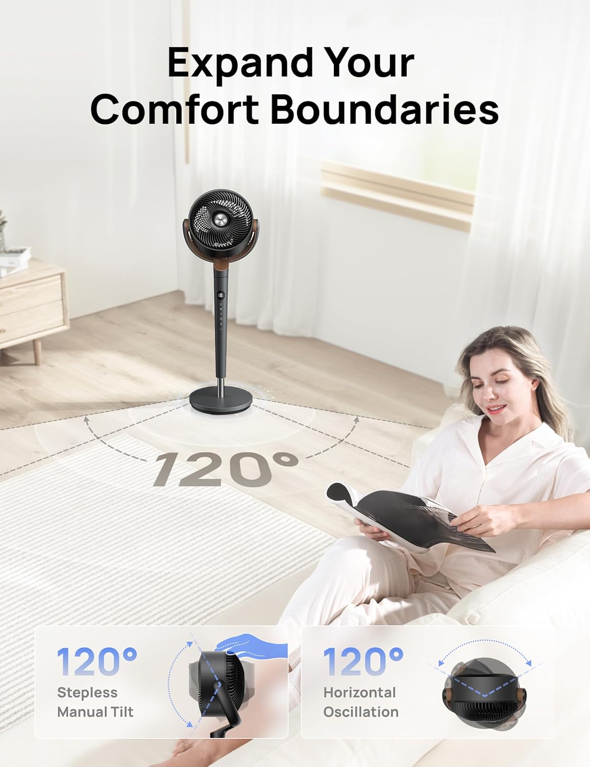 HKM-5328211 120° Oscillating Standing Fan, Quiet DC Motor Floor Fan, 9 Speeds, 4 Modes, Adjustable Height 37-42", 20dB Noise Level, 8H Timer