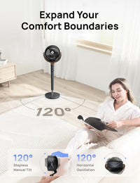 HKM-4869459 Oscillating Standing Fan with DC Motor, 120° Vertical Tilt, 9 Speeds, 4 Modes, 20dB Noise Level, Adjustable Height 37-42", 8H Timer