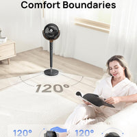 HKM-5328211 120° Oscillating Standing Fan, Quiet DC Motor Floor Fan, 9 Speeds, 4 Modes, Adjustable Height 37-42", 20dB Noise Level, 8H Timer