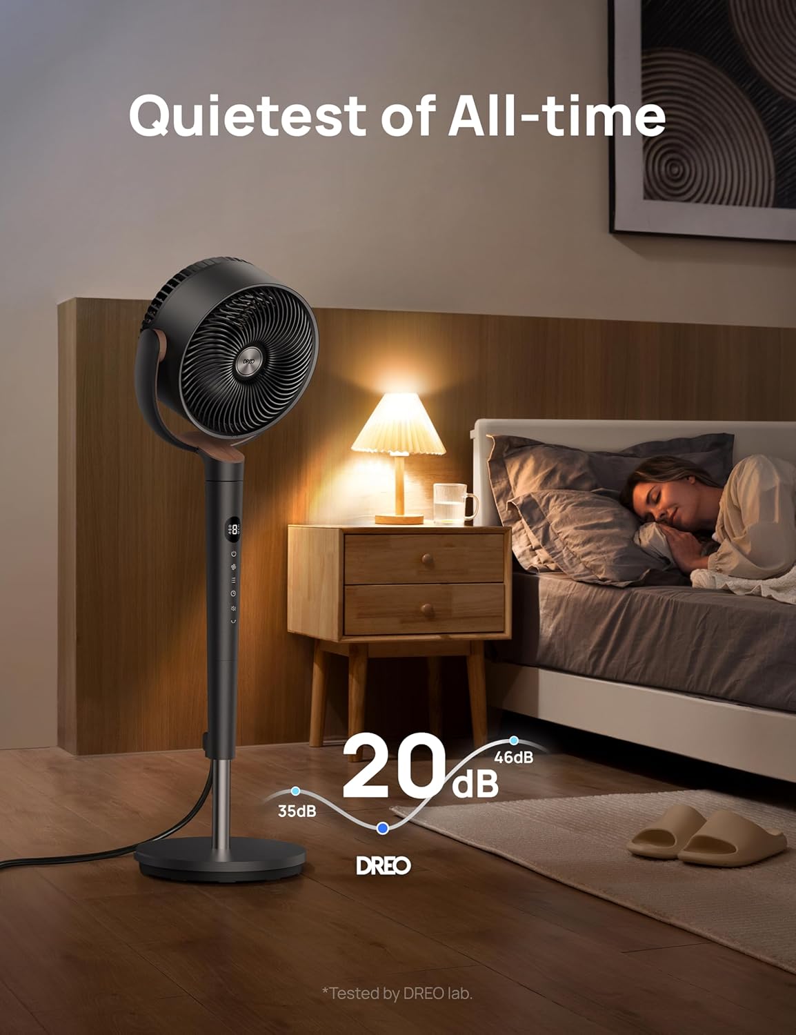 HKM-5328211 120° Oscillating Standing Fan, Quiet DC Motor Floor Fan, 9 Speeds, 4 Modes, Adjustable Height 37-42", 20dB Noise Level, 8H Timer