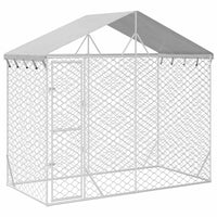 HKM-5335741 Spacious Silver Outdoor Dog Kennel with Roof, Galvanized Steel, 3x1.5x2.5m