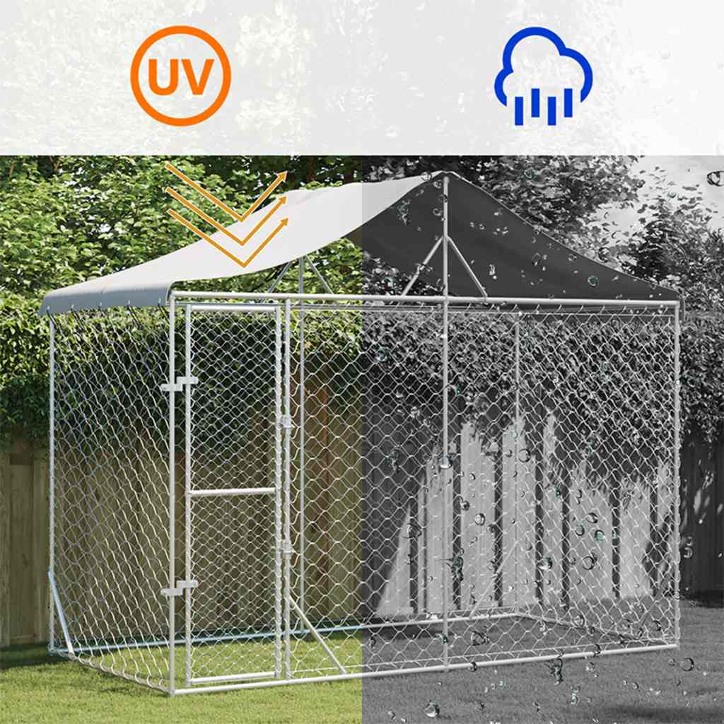 HKM-5335741 Spacious Silver Outdoor Dog Kennel with Roof, Galvanized Steel, 3x1.5x2.5m