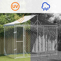 HKM-5335741 Spacious Silver Outdoor Dog Kennel with Roof, Galvanized Steel, 3x1.5x2.5m