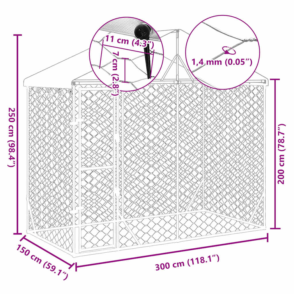 HKM-5335741 Spacious Silver Outdoor Dog Kennel with Roof, Galvanized Steel, 3x1.5x2.5m
