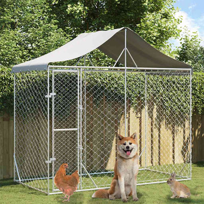 HKM-5335741 Spacious Silver Outdoor Dog Kennel with Roof, Galvanized Steel, 3x1.5x2.5m