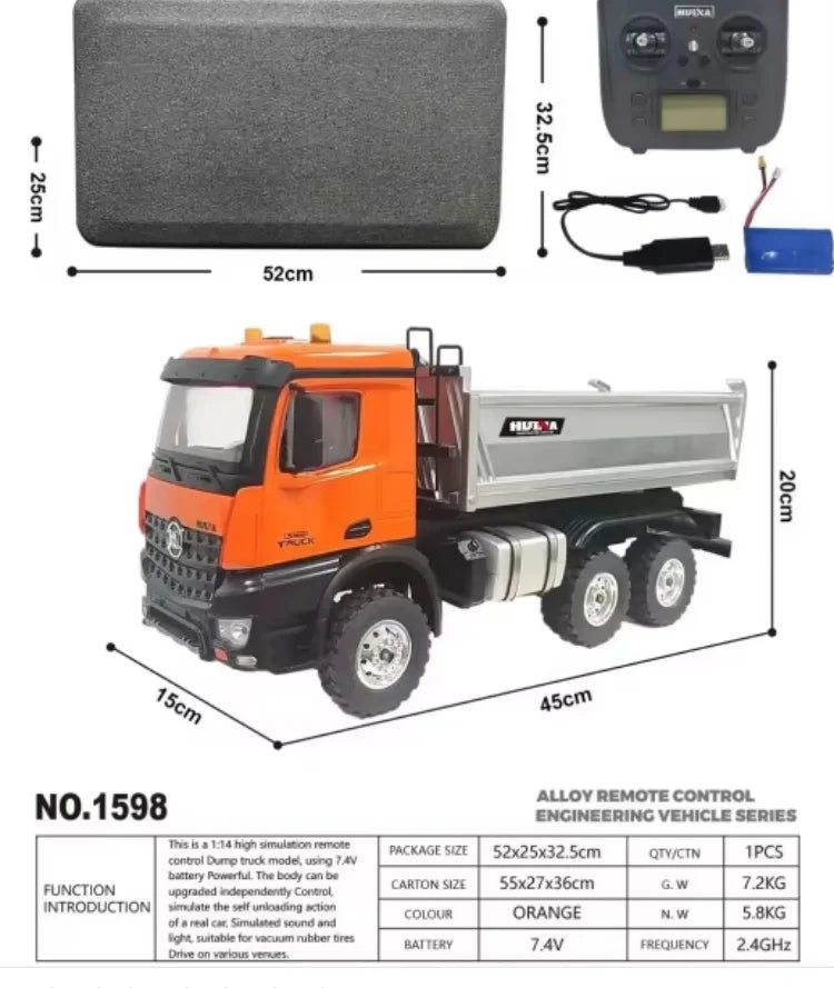HKM-533587 1/14 Remote Control Dump Truck with Lifting Bed and High-Torque Motor, Alloy Construction