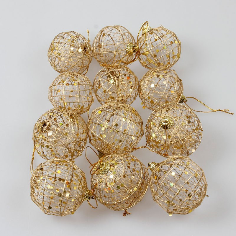 HKM-533907 Gold Dusted Scaly Christmas Ornaments - Set of 12 Decorative Balls in Two Sizes: 6cm and 5cm