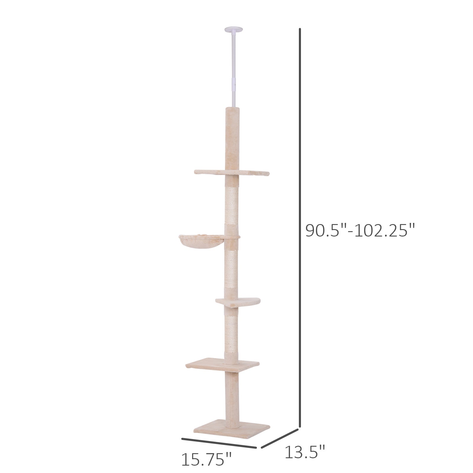 HKM-5339709 Adjustable 5-Tier Cat Tree with Scratching Posts and Hammock, Beige, 90.5"-102.25" Height
