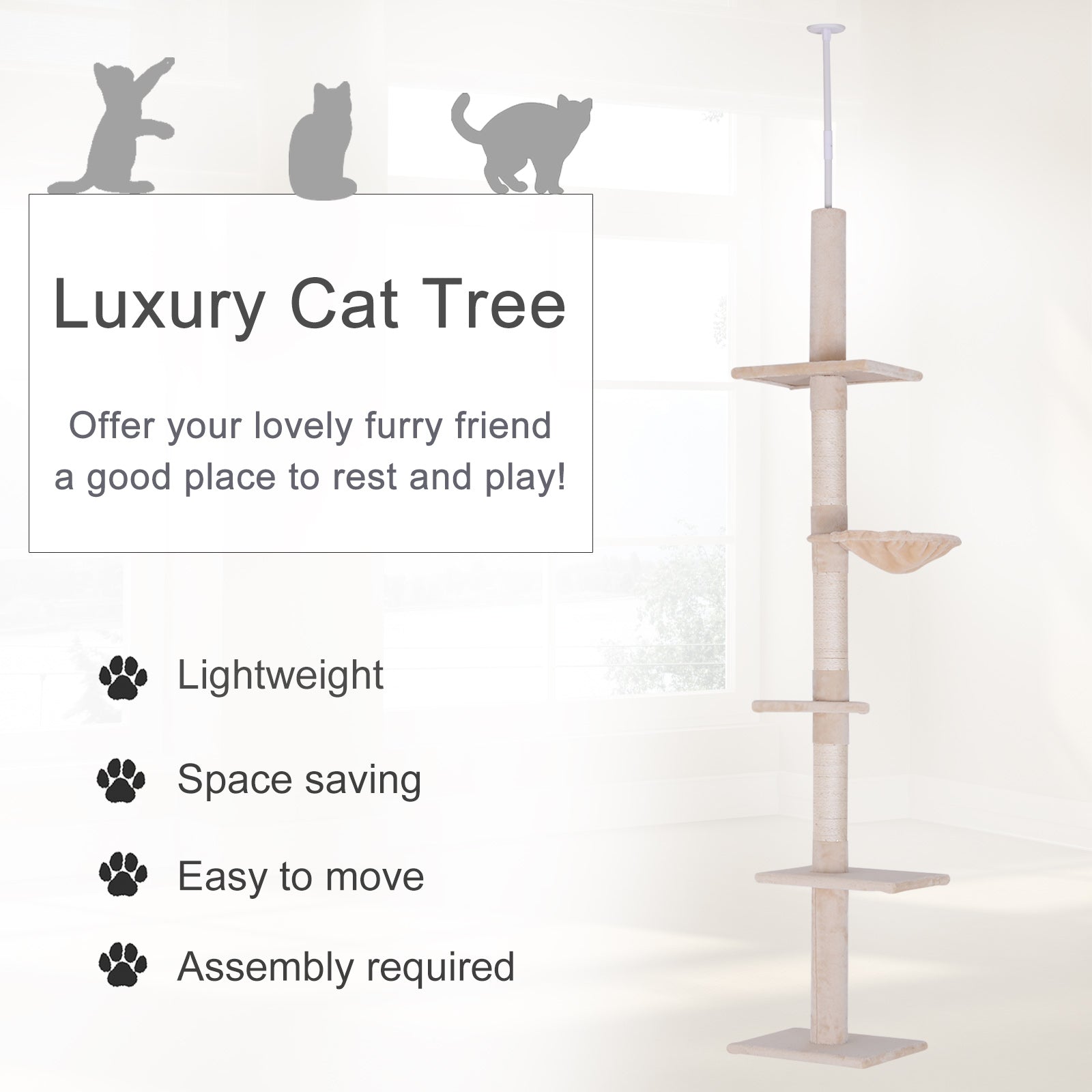 HKM-5339709 Adjustable 5-Tier Cat Tree with Scratching Posts and Hammock, Beige, 90.5"-102.25" Height
