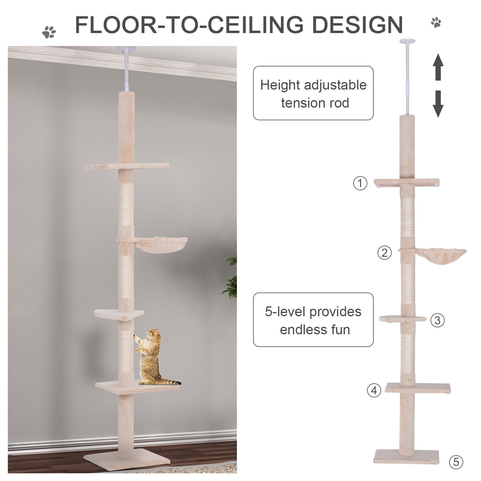 HKM-5339709 Adjustable 5-Tier Cat Tree with Scratching Posts and Hammock, Beige, 90.5"-102.25" Height