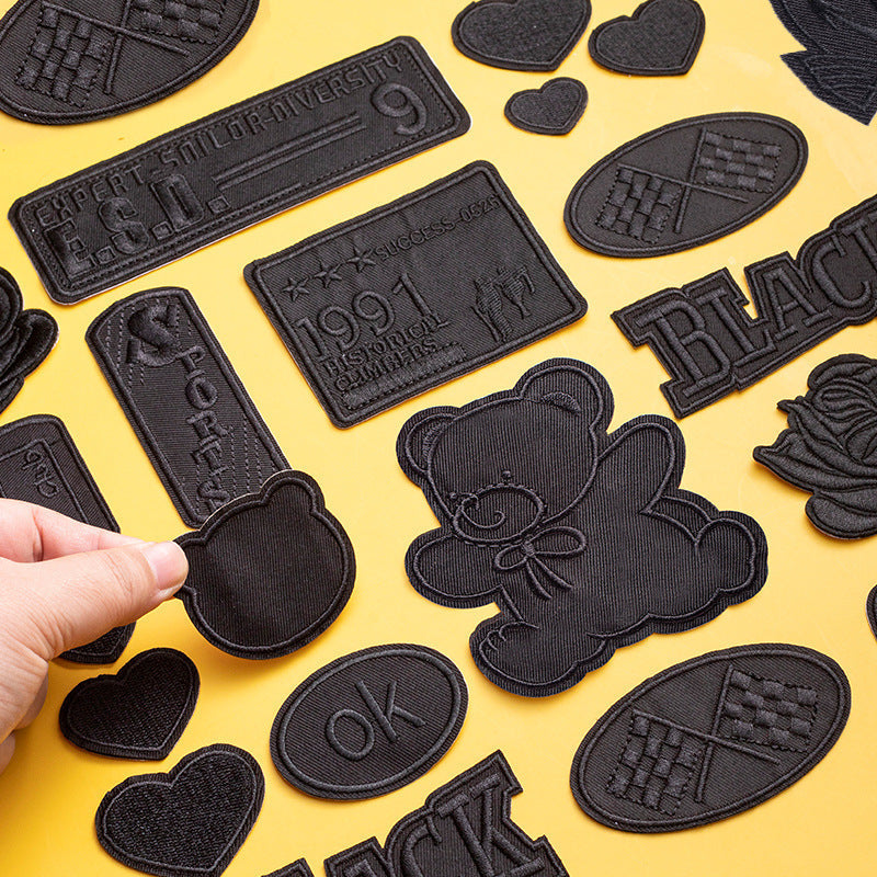 HKM-533971 Self-Adhesive Black Embroidery Patch for Clothing Repair - 6 Stickers Set