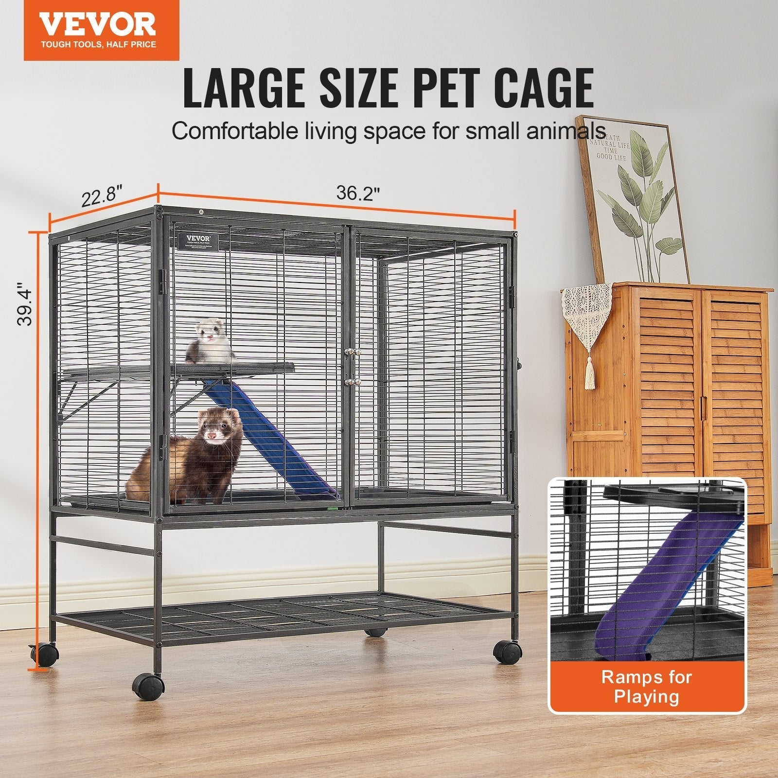 HKM-5340093 2-Tier Metal Small Animal Cage with Rolling Design and Easy-Clean Tray for Ferrets and Small Pets