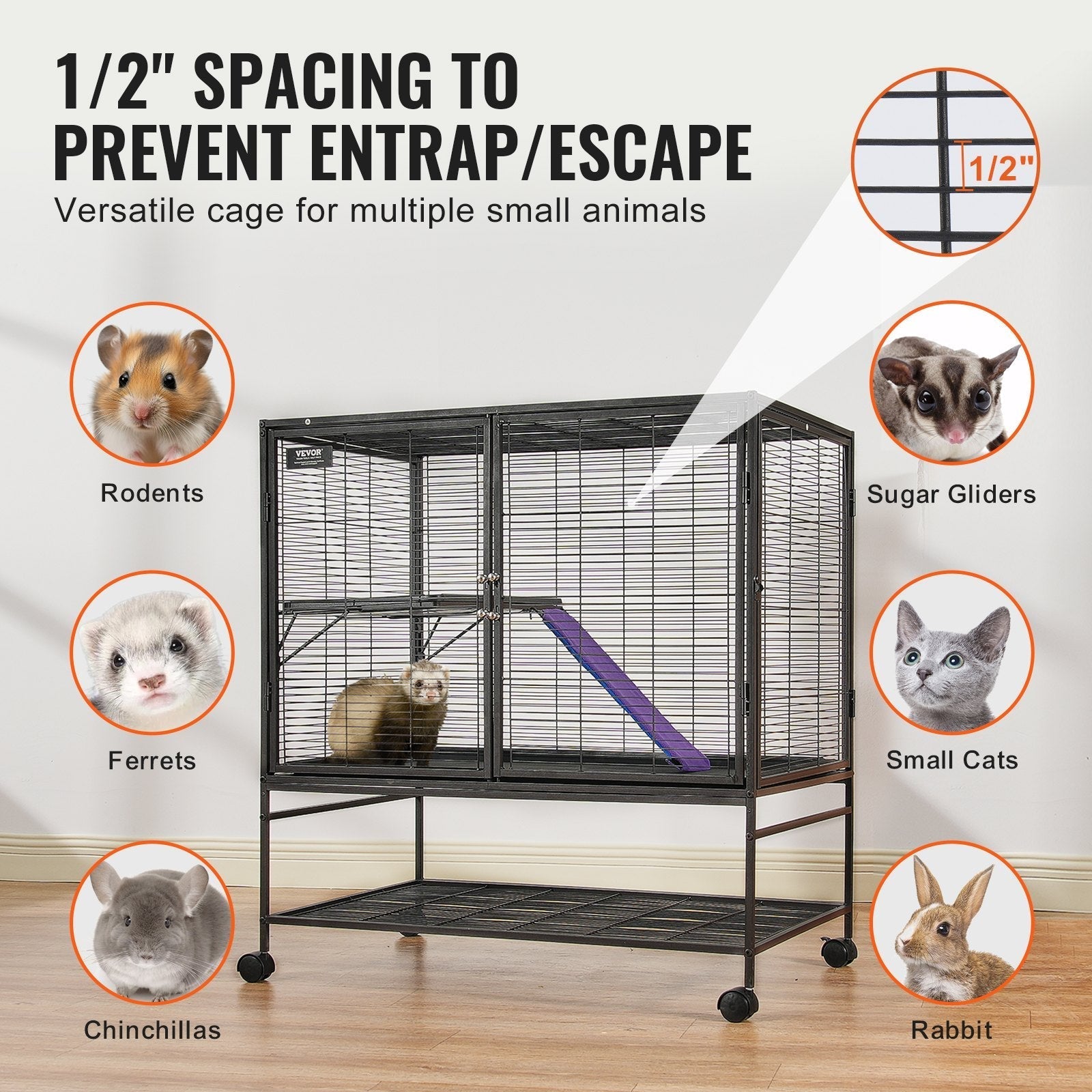 HKM-5340093 2-Tier Metal Small Animal Cage with Rolling Design and Easy-Clean Tray for Ferrets and Small Pets