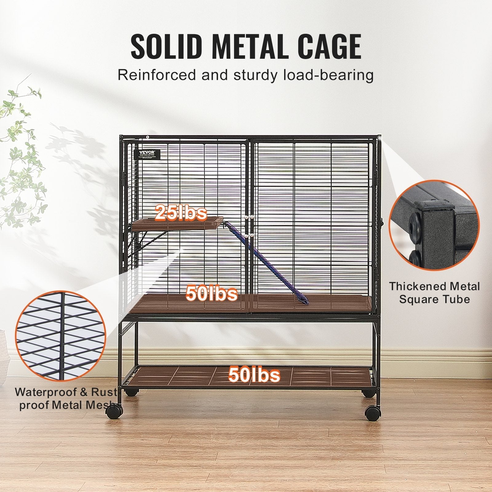 HKM-5340093 2-Tier Metal Small Animal Cage with Rolling Design and Easy-Clean Tray for Ferrets and Small Pets