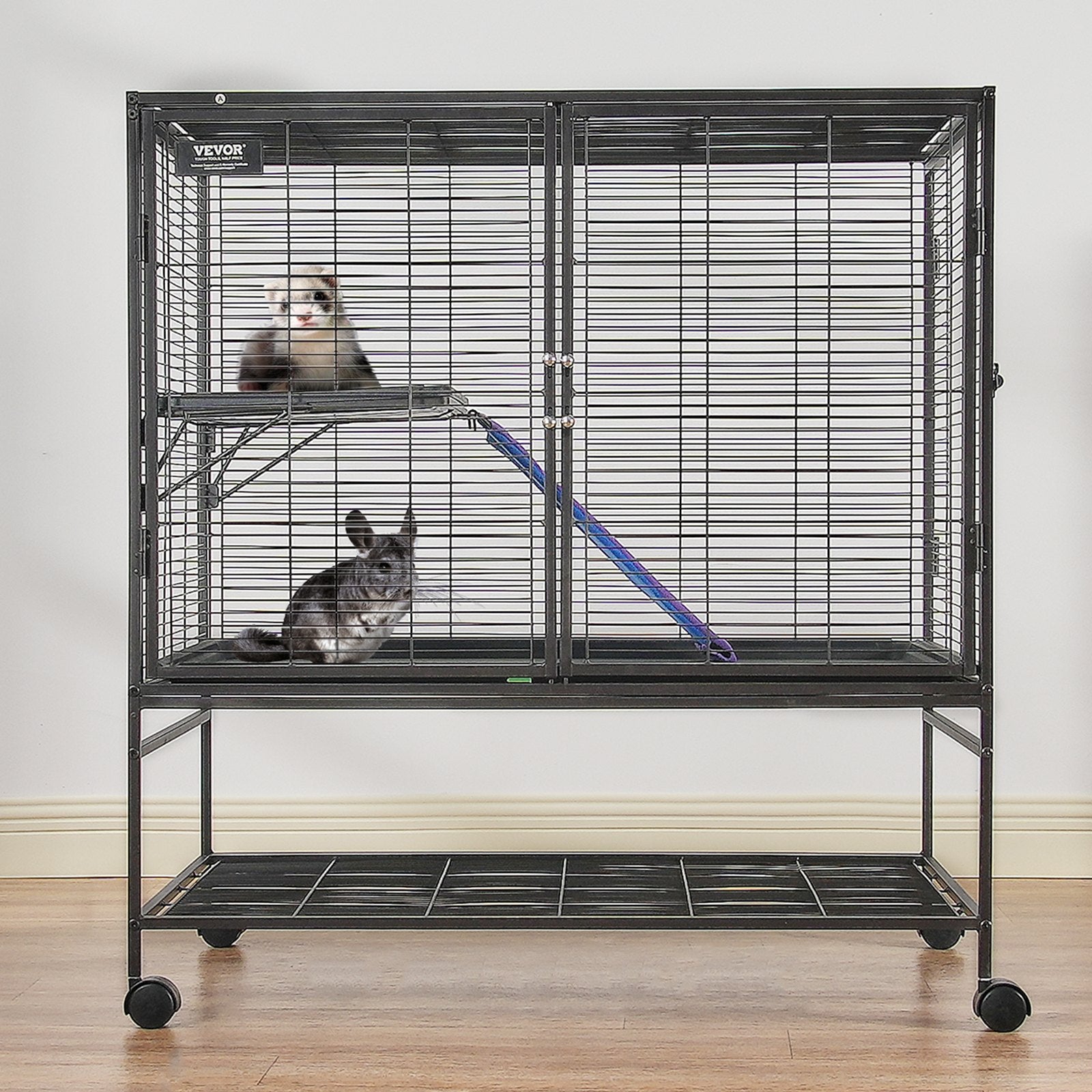 HKM-5340093 2-Tier Metal Small Animal Cage with Rolling Design and Easy-Clean Tray for Ferrets and Small Pets