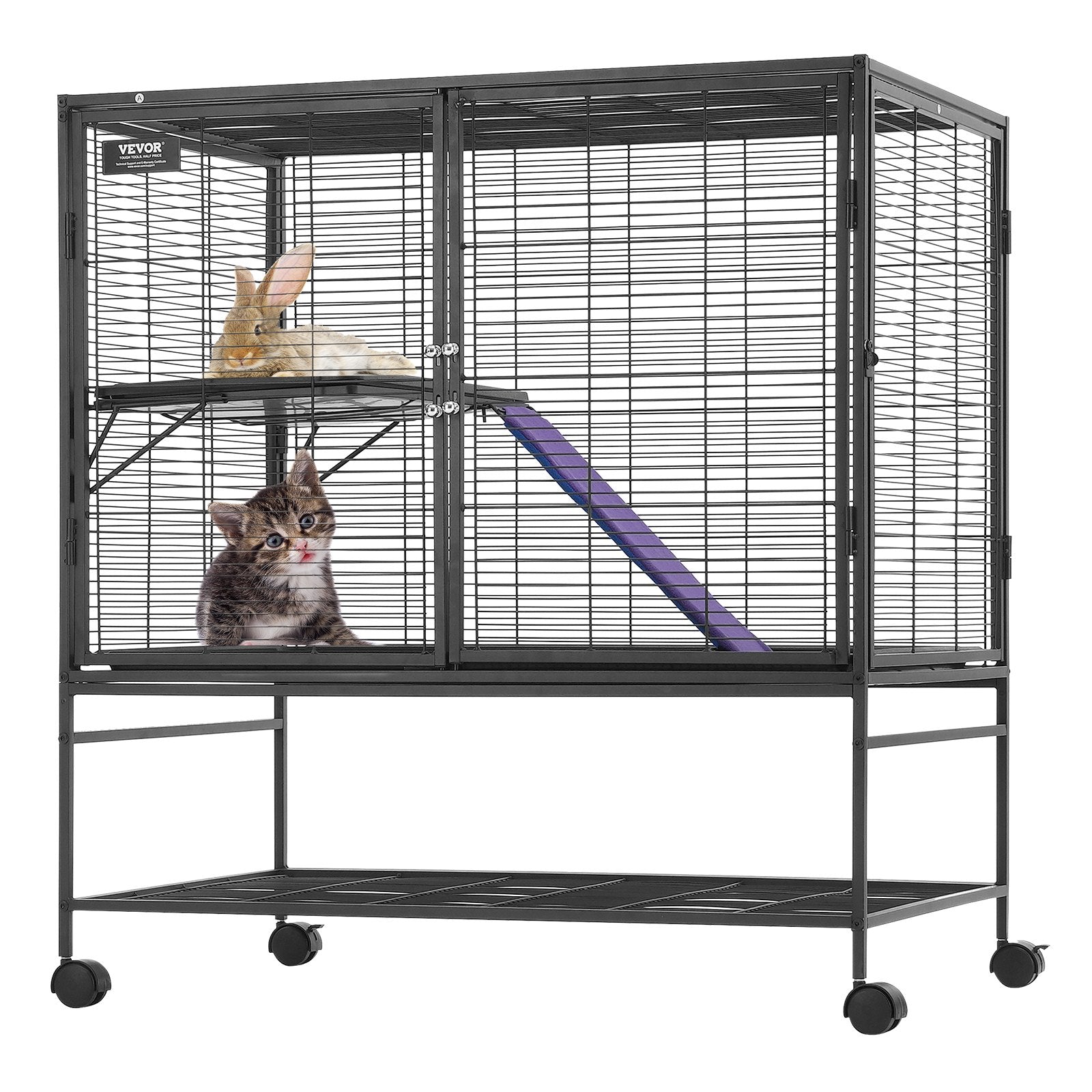 HKM-5340093 2-Tier Metal Small Animal Cage with Rolling Design and Easy-Clean Tray for Ferrets and Small Pets