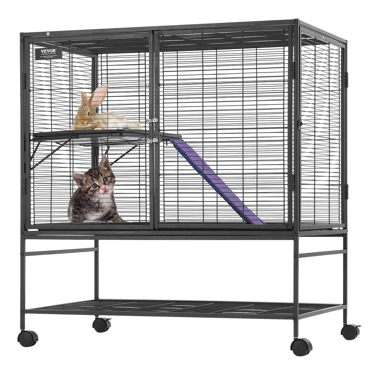 HKM-5340093 2-Tier Metal Small Animal Cage with Rolling Design and Easy-Clean Tray for Ferrets and Small Pets