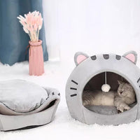 HKM-5340477 Cozy Gray Polyester Cat Nest with Closed Shelter - Winter Warm Pet Bed for Cats