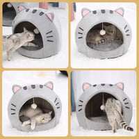 HKM-5340477 Cozy Gray Polyester Cat Nest with Closed Shelter - Winter Warm Pet Bed for Cats