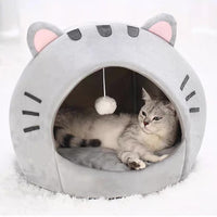 HKM-5340477 Cozy Gray Polyester Cat Nest with Closed Shelter - Winter Warm Pet Bed for Cats