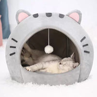 HKM-5340477 Cozy Gray Polyester Cat Nest with Closed Shelter - Winter Warm Pet Bed for Cats
