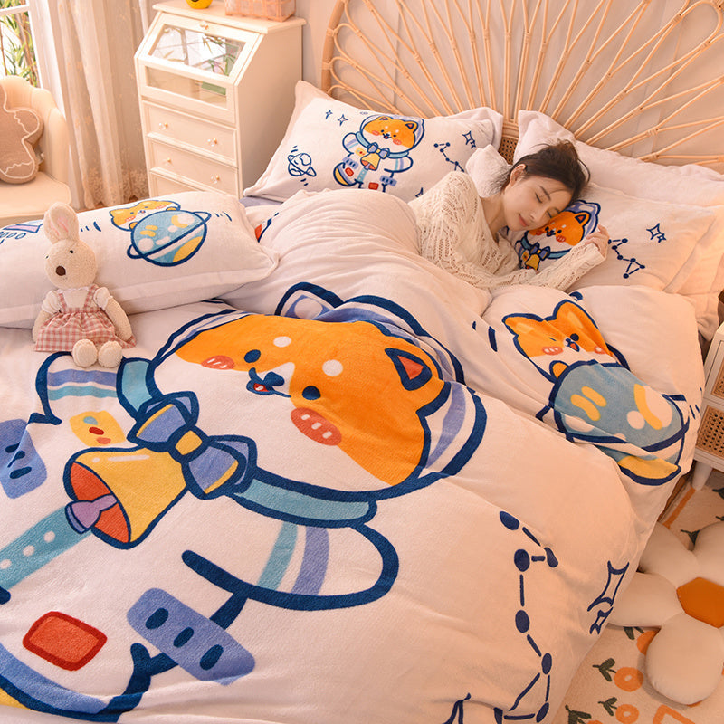 HKM-534291 Cartoon Milk Velvet Bed Set - Quilt Cover, Pillowcases & Sheet - Soft Flannel, 200x230cm