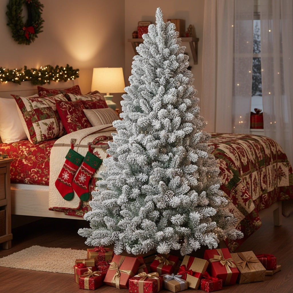 HKM-535251 4FT Snowy Christmas Tree with 21 Real Pinecones and 366 Tips, Compact Design with Sturdy Metal Stand