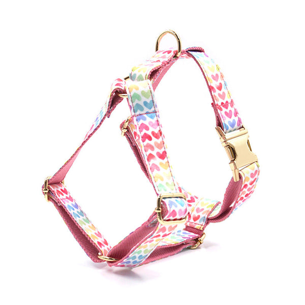 HKM-5356989 Colorful Pink Heart-Shaped Dog Chest and Back Harness with Gold Buckle