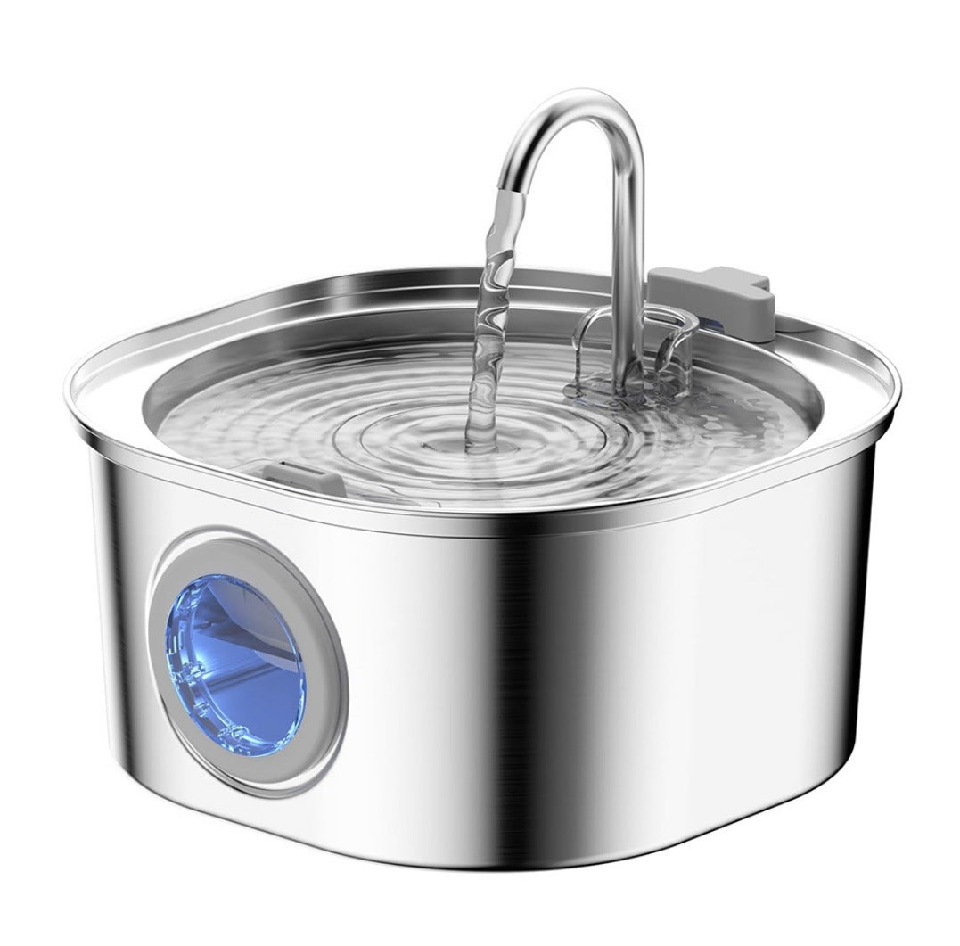 HKM-5360957 Stainless Steel Round Pet Water Dispenser with Multiple Outlet Options for Cats and Dogs