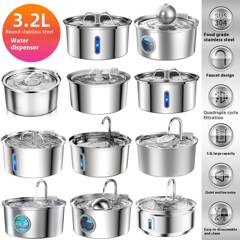 HKM-5360957 Stainless Steel Round Pet Water Dispenser with Multiple Outlet Options for Cats and Dogs