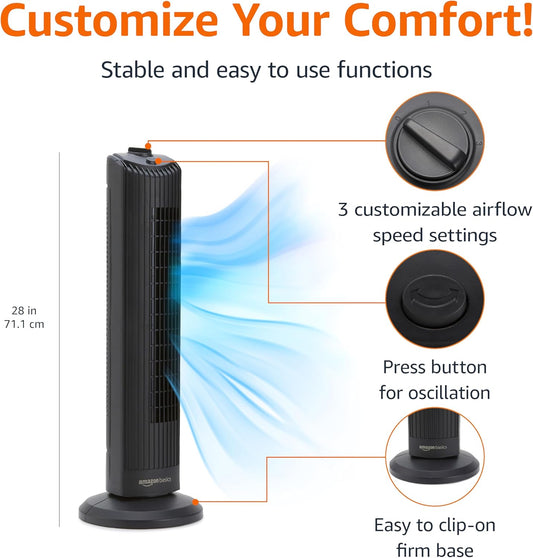 HKM-5360979 28" Oscillating Tower Fan with 3 Speed Settings, Mechanical Control, Air Circulator, Black