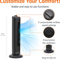 HKM-5360979 28" Oscillating Tower Fan with 3 Speed Settings, Mechanical Control, Air Circulator, Black