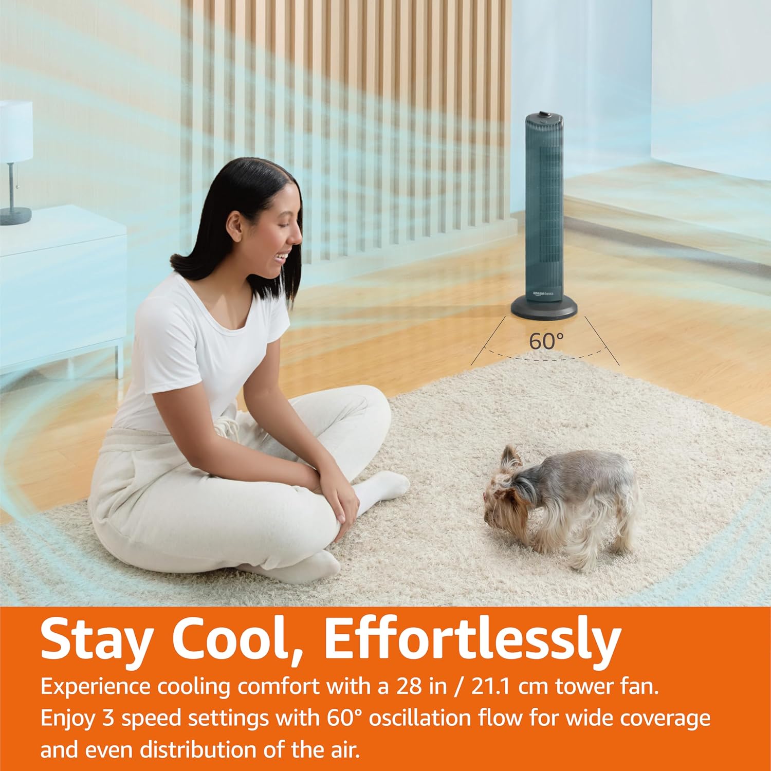 HKM-5360979 28" Oscillating Tower Fan with 3 Speed Settings, Mechanical Control, Air Circulator, Black