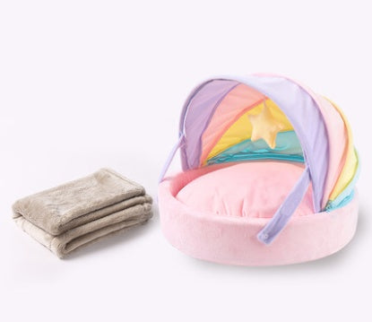 HKM-5361725 Washable Pet Sleeping Bed with Soft Blanket and Colorful Nest for Cats and Dogs - Medium Size