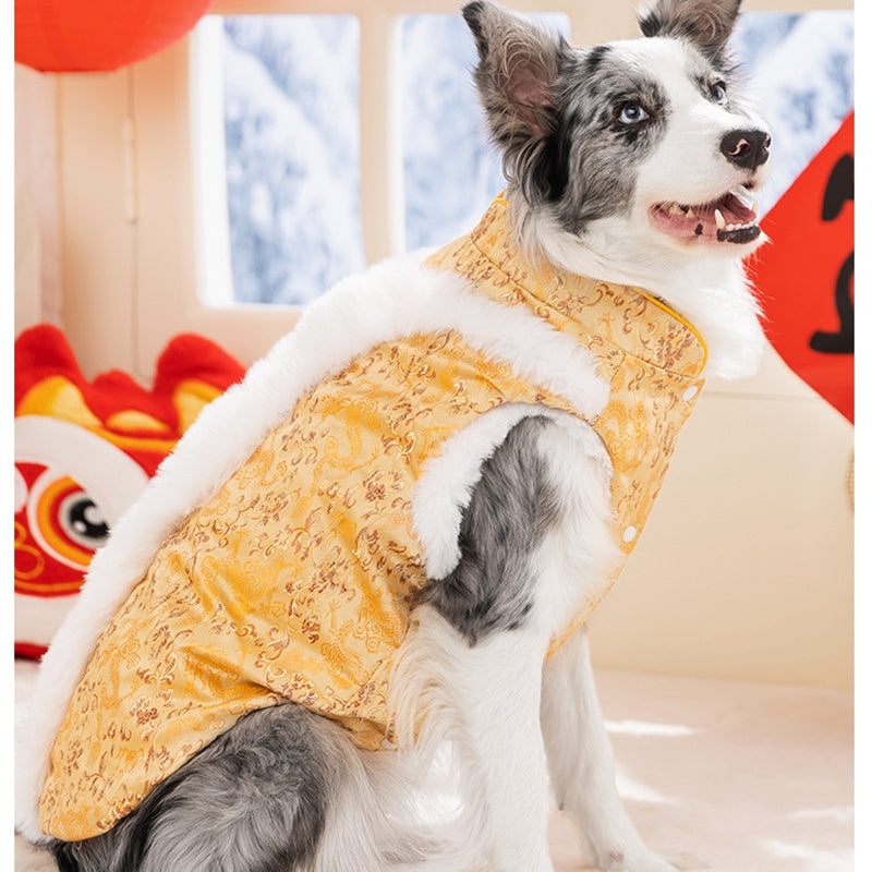 HKM-5362237 Chinese Dragon Brocade Pet Vest with Faux Fur Trim for Large and Medium Dogs