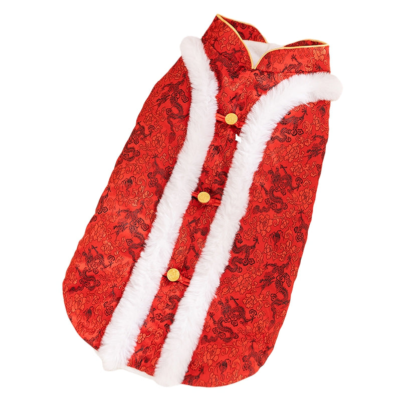 HKM-5362237 Chinese Dragon Brocade Pet Vest with Faux Fur Trim for Large and Medium Dogs