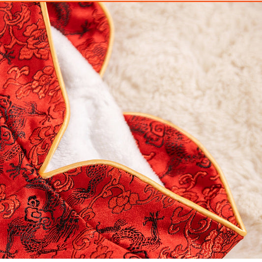 HKM-5362237 Chinese Dragon Brocade Pet Vest with Faux Fur Trim for Large and Medium Dogs