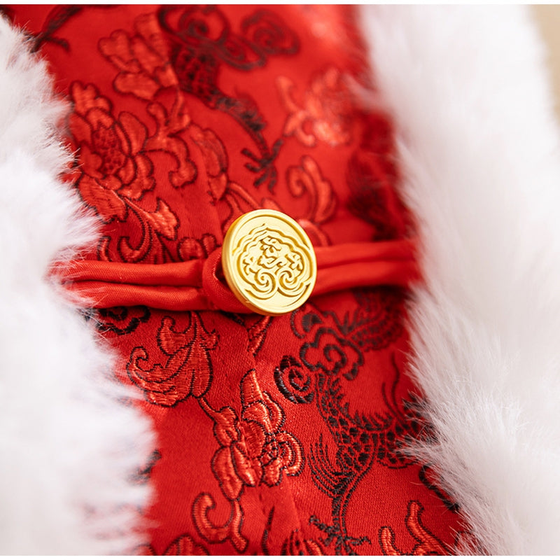 HKM-5362237 Chinese Dragon Brocade Pet Vest with Faux Fur Trim for Large and Medium Dogs