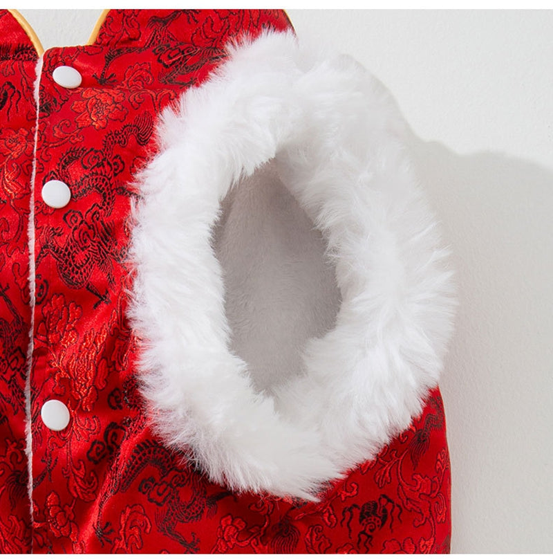 HKM-5362237 Chinese Dragon Brocade Pet Vest with Faux Fur Trim for Large and Medium Dogs