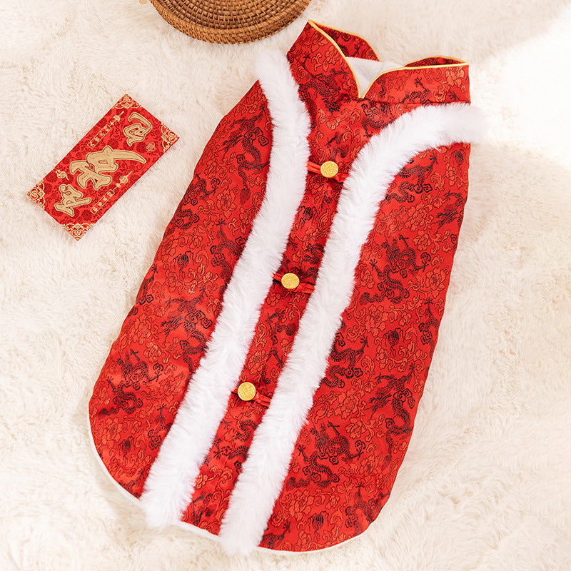HKM-5362237 Chinese Dragon Brocade Pet Vest with Faux Fur Trim for Large and Medium Dogs
