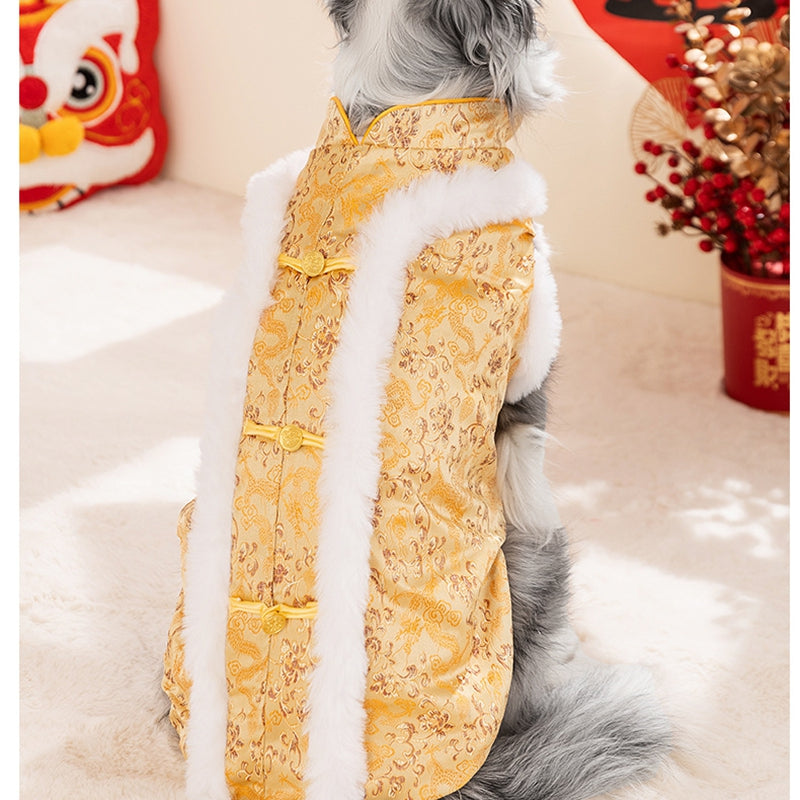HKM-5362237 Chinese Dragon Brocade Pet Vest with Faux Fur Trim for Large and Medium Dogs