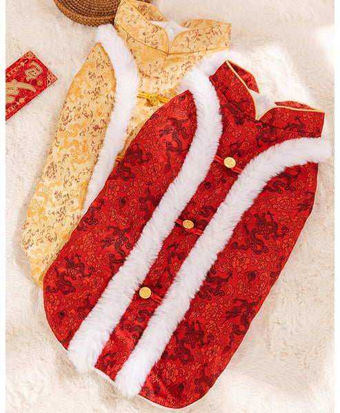 HKM-5362237 Chinese Dragon Brocade Pet Vest with Faux Fur Trim for Large and Medium Dogs