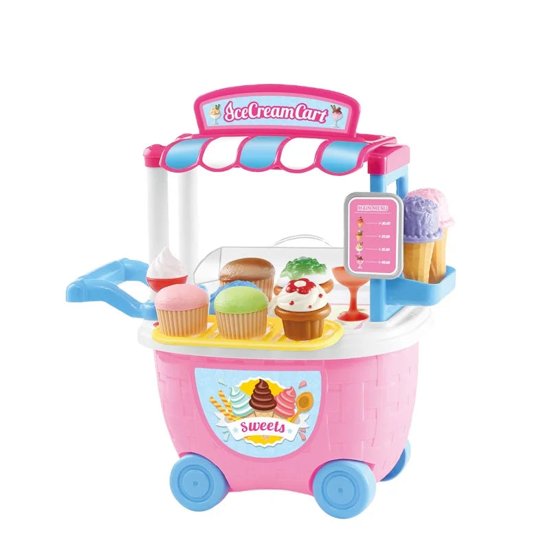 HKM-536275 Pink Ice Cream Cart Kitchen Set Toy with Shopping Trolley and Baskets for Kids Ages 2-7
