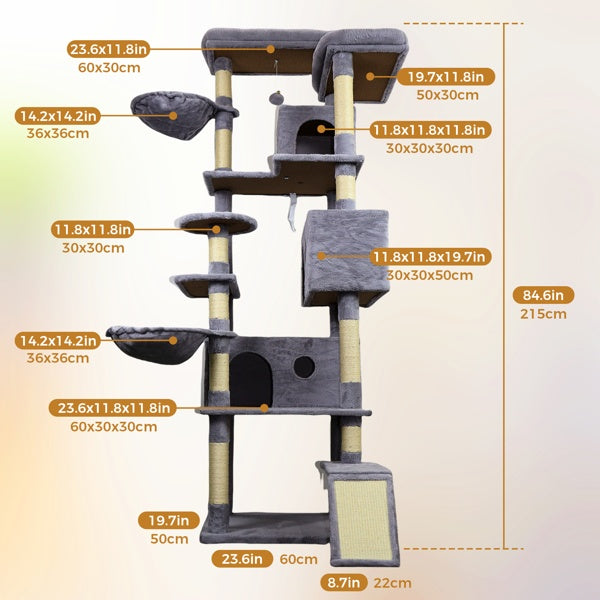 HKM-5372477 Dark Gray Cat Tree Tower with Large Hideaway Condos, Scratching Posts, Hammocks, and Interactive Toy