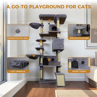HKM-5372477 Dark Gray Cat Tree Tower with Large Hideaway Condos, Scratching Posts, Hammocks, and Interactive Toy