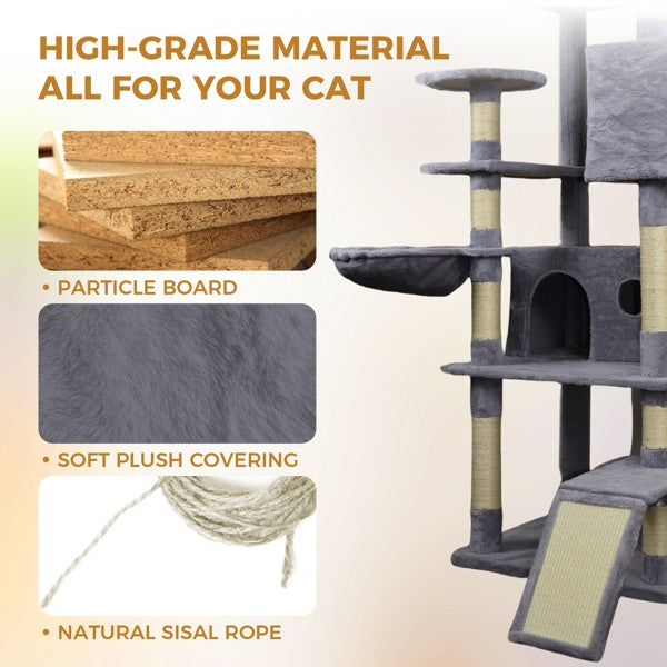HKM-5372477 Dark Gray Cat Tree Tower with Large Hideaway Condos, Scratching Posts, Hammocks, and Interactive Toy