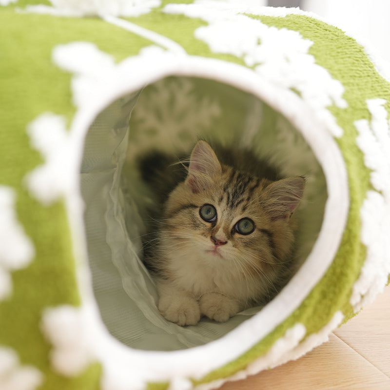 HKM-5373245 Cozy Green Snowflakes Pet Tunnel Bed for Cats