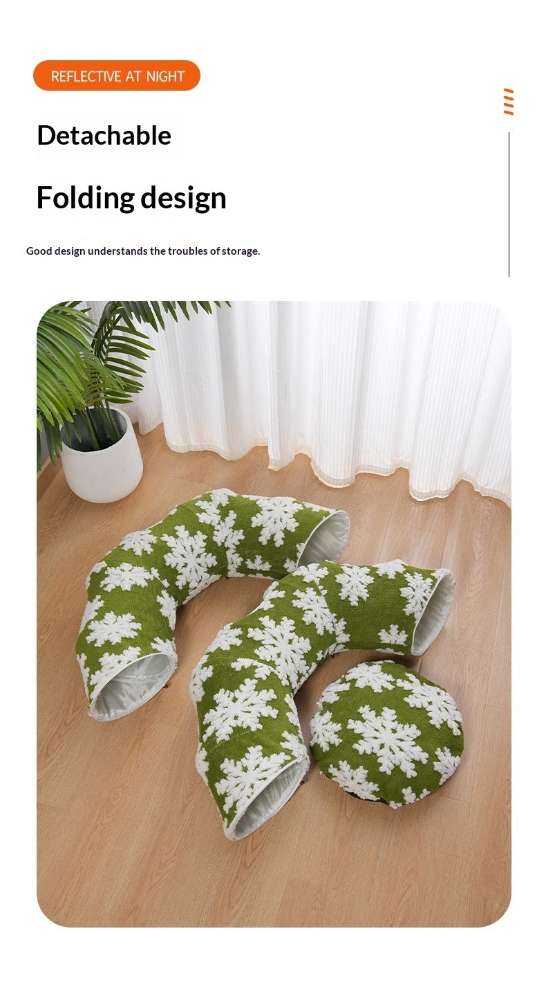 HKM-5373245 Cozy Green Snowflakes Pet Tunnel Bed for Cats