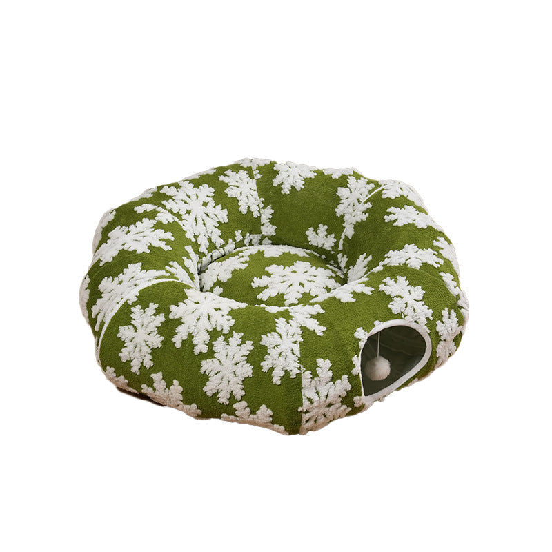 HKM-5373245 Cozy Green Snowflakes Pet Tunnel Bed for Cats